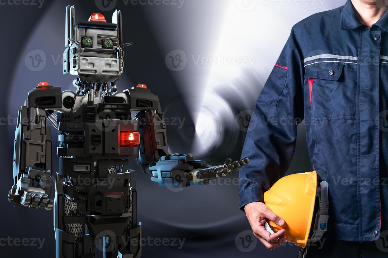 Asian man with Robot community metaverse for VR avatar reality game virtual reality of people inspector service connect technology inspector mechanic maintenance robot in the factory photo