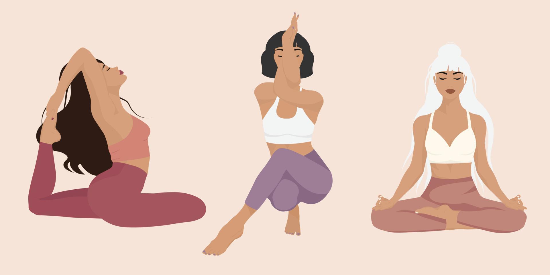 grupo de chicas en diferentes poses de yoga en un fondo simple vector