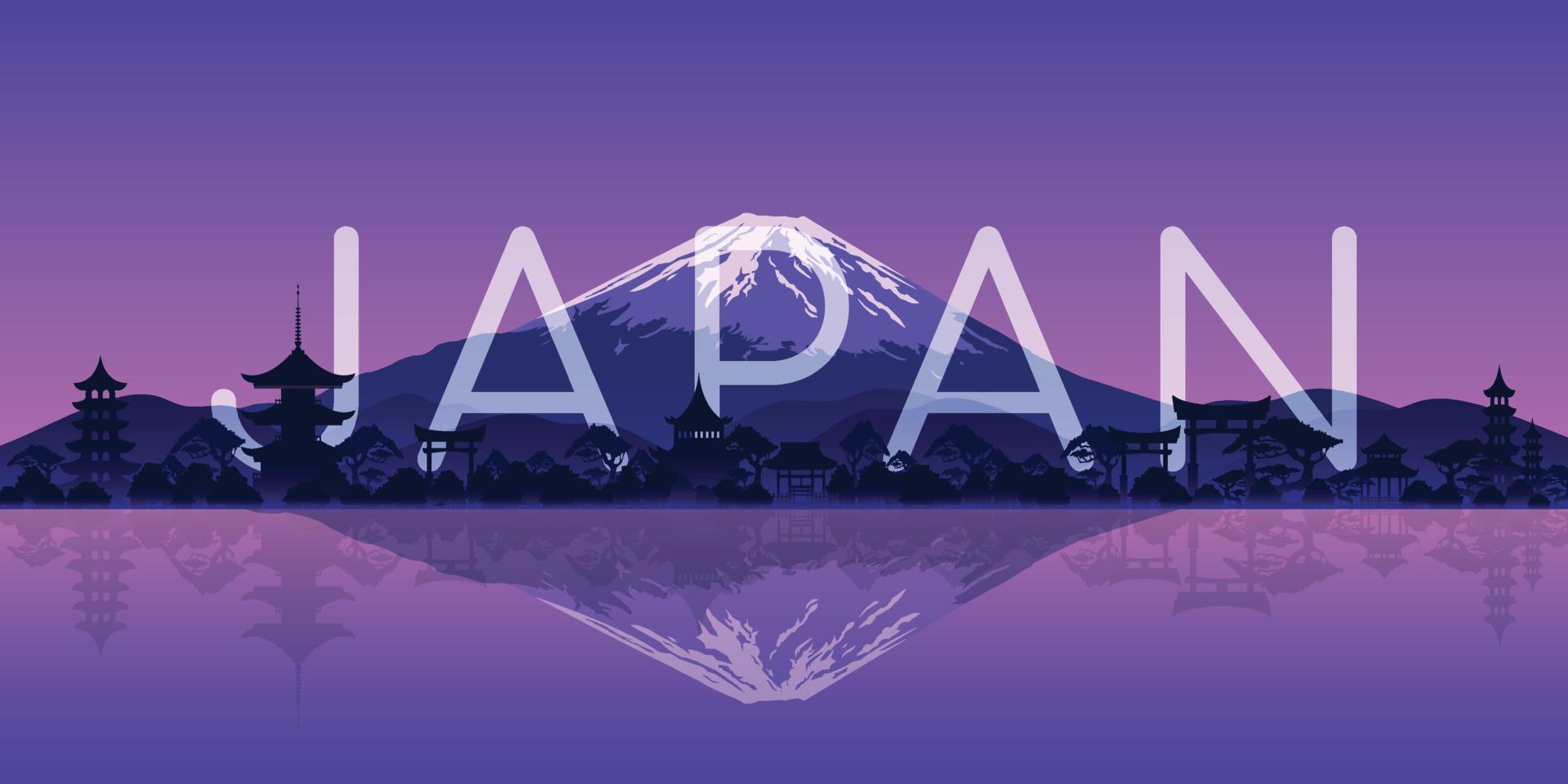 Asian country flat landscape at sunset with a mountain. City skyline flat panoramic vector background. Japan. Fujiyama.