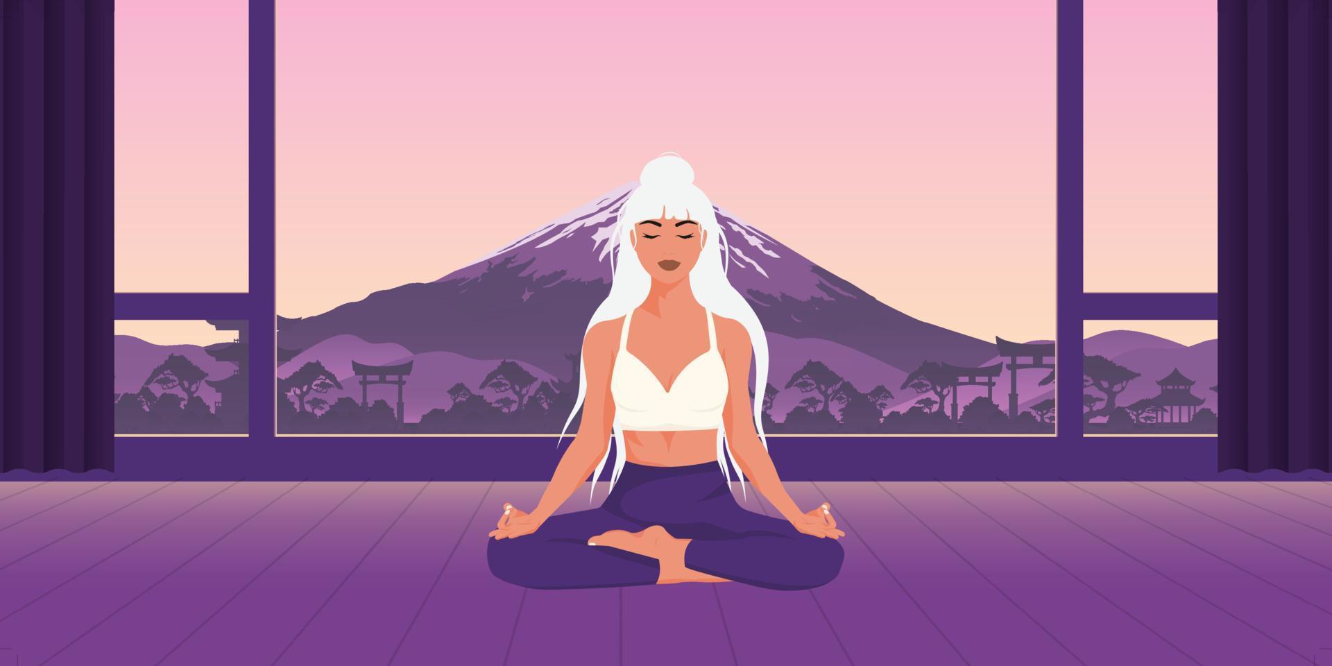 Vector illustration depicting an evening meditation in nature. A beautiful girl doing yoga. Asian city and mountain in the background.