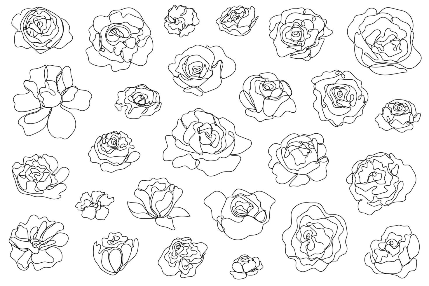 Vector set of hand drawn, single continuous line flowers - roses, peonies. Art floral elements. Use for t-shirt prints, logos, cosmetics and beauty design elements.