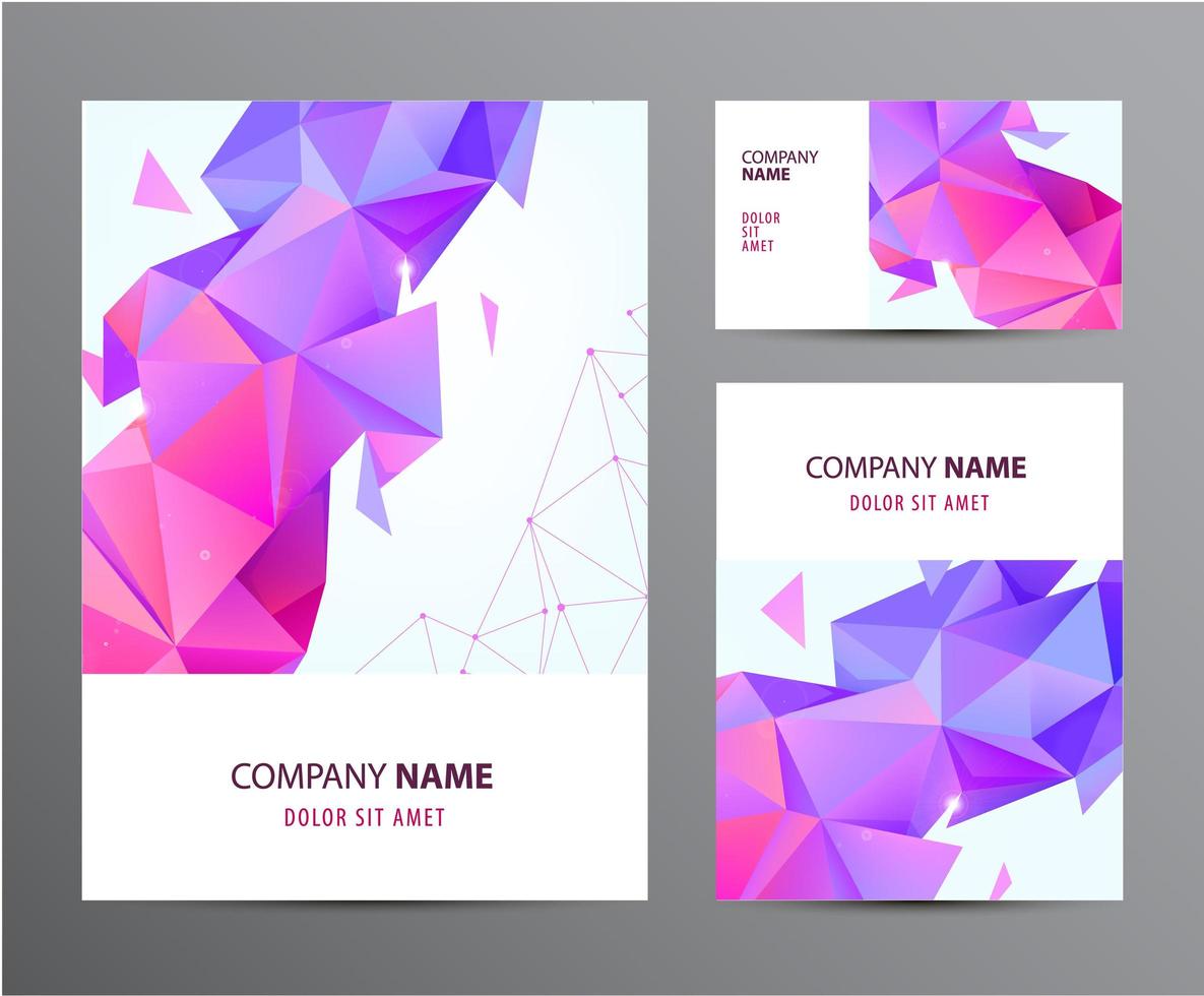 Vector set of brochure, business card, cover, flyer design with triangle origami 3d corporate business template. Layout with abstract low poly