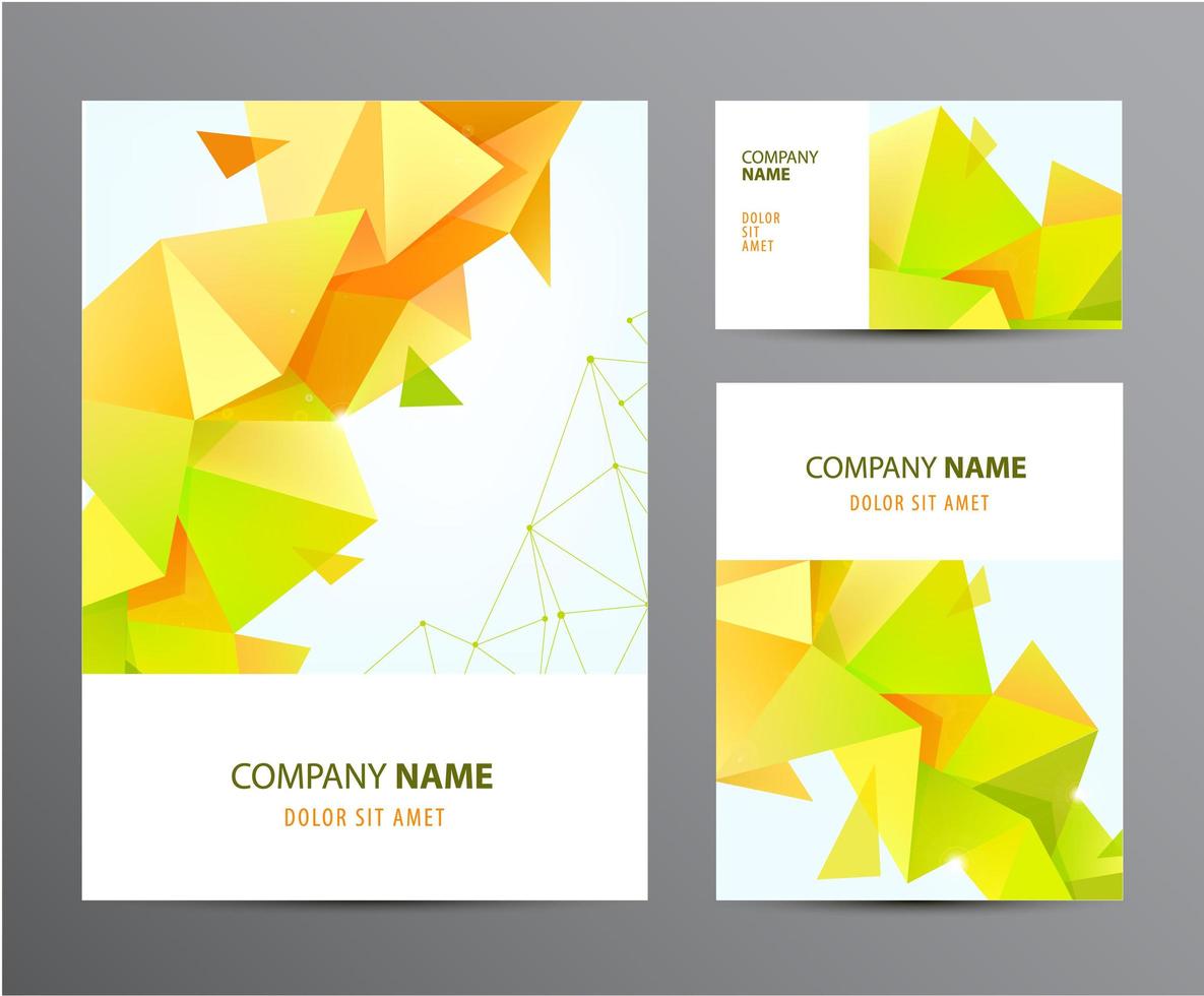 conjunto vectorial de folleto, tarjeta de visita, portada, diseño de volante con plantilla de negocio corporativo 3d de origami triangular. diseño con poli baja abstracta vector