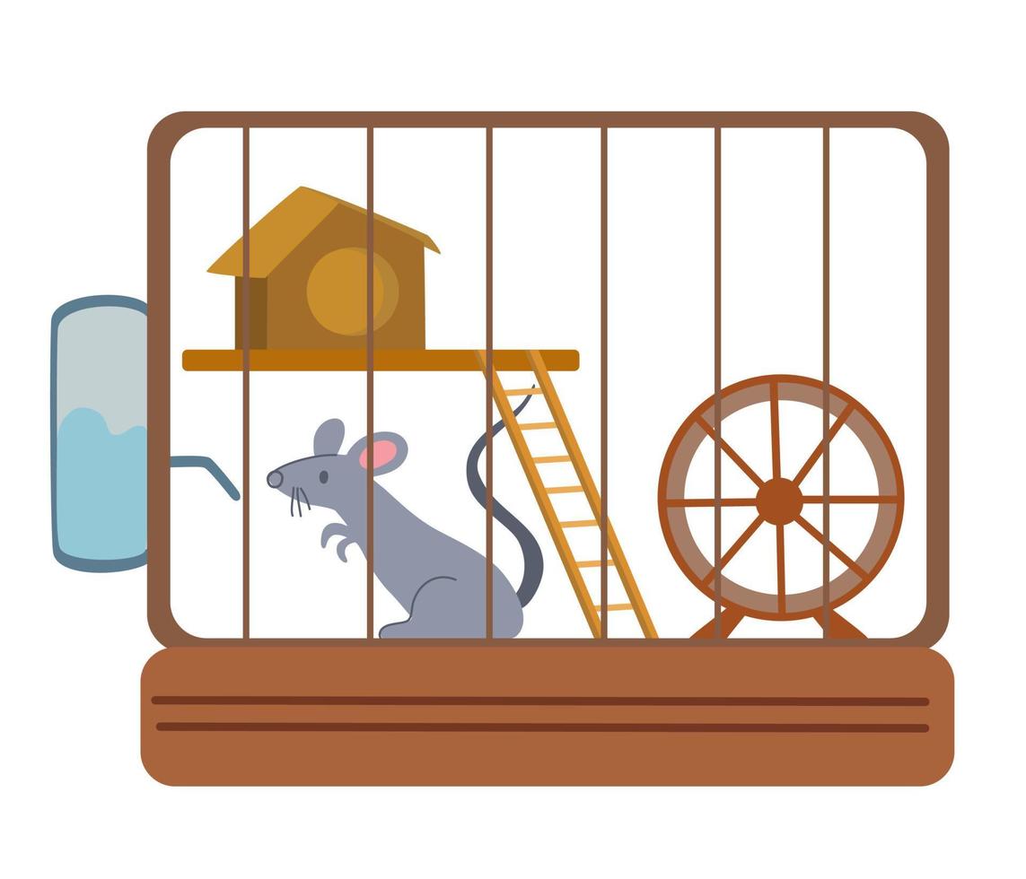 Mouse in a cage. A pet. Rodent, hamster. Hand drawn vector illustrations isolated on the white background