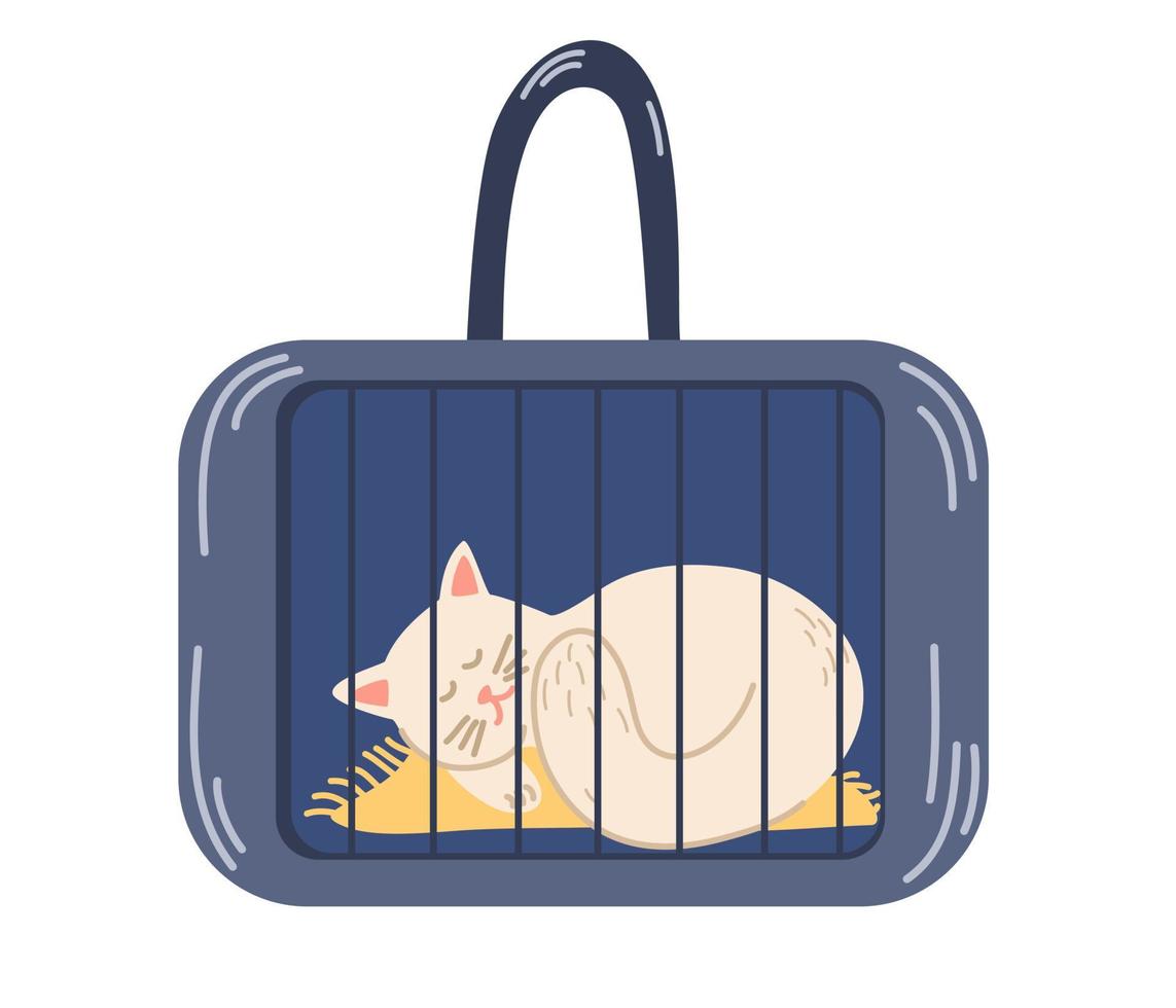 Cat in the bag. Transportation of animals. Cute cat sitting in a travel bag. The concept of traveling with animals. Hand draw Vector illustration.