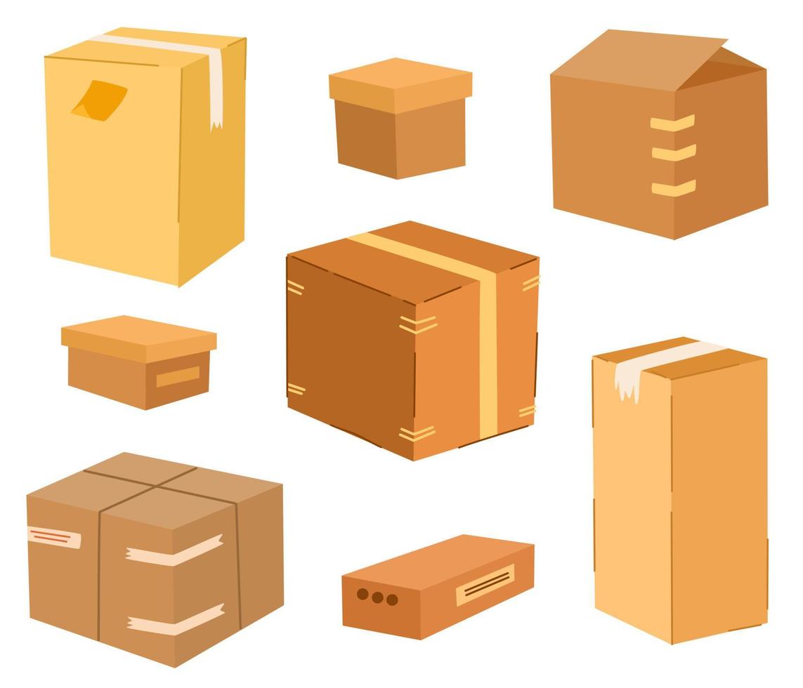 juego de cajas de cartón. entrega y embalaje. transporte, entrega. ilustraciones vectoriales dibujadas a mano aisladas en el fondo blanco. vector