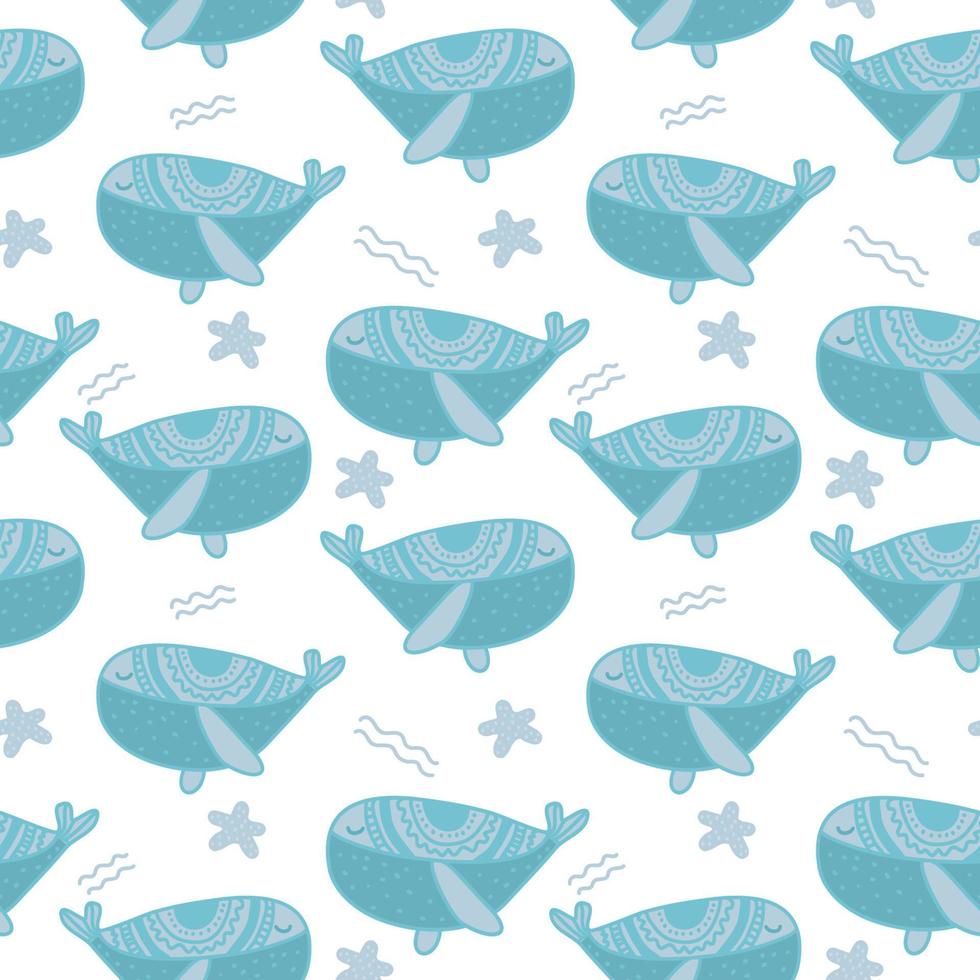 cute blue Whale vector seamless pattern. Cute ocean creatures background. Marine scandinavian decorative childish design for kids fabric.