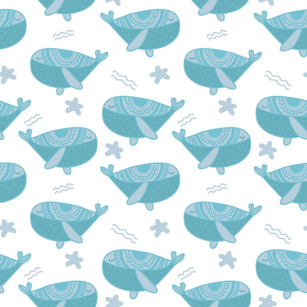 lindo patrón sin costuras de vector de ballena azul. lindo fondo de criaturas del océano. Diseño infantil decorativo escandinavo marino para tela infantil.