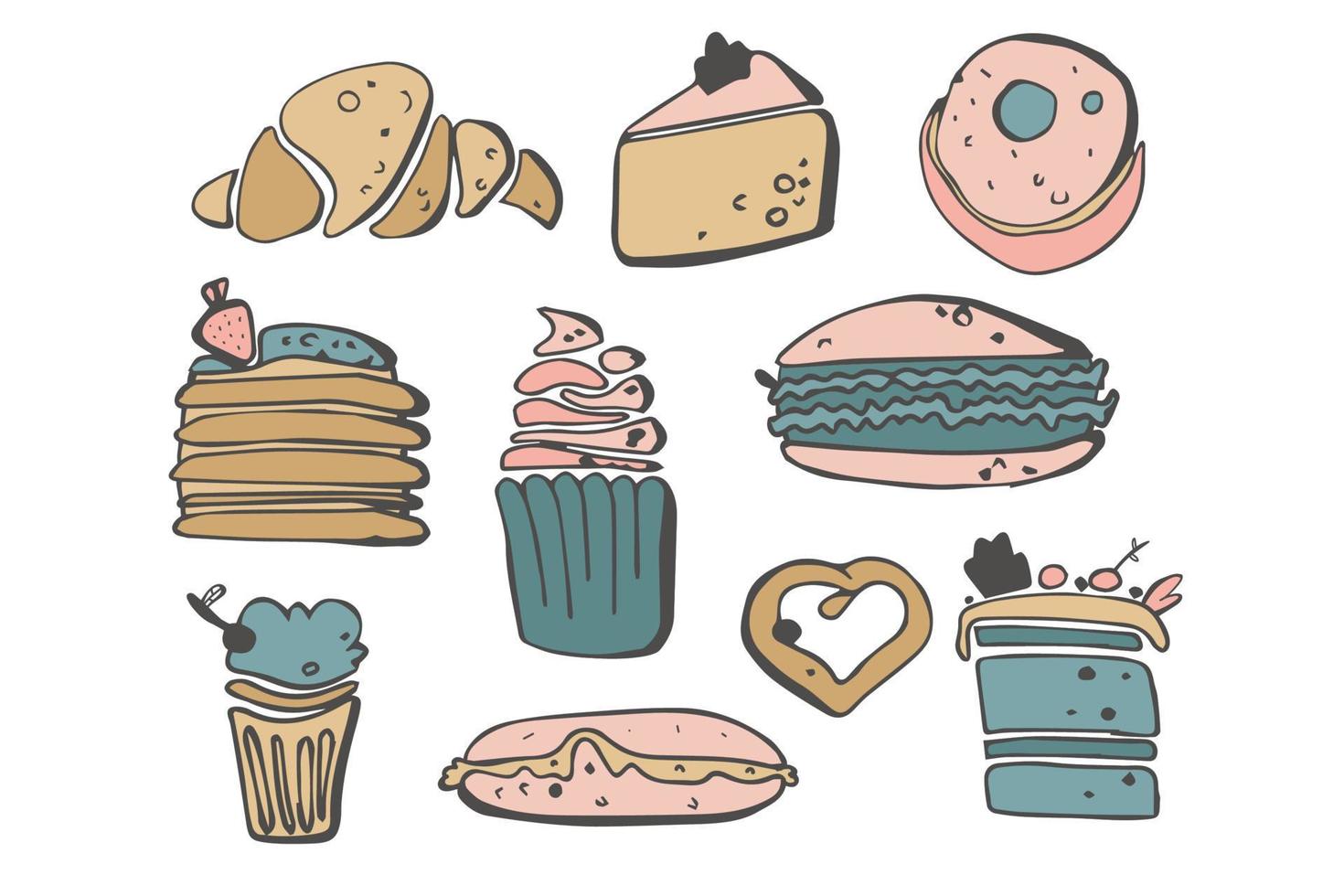 juego de dulces, postres y caramelos de fideos. helado, pastel, donut. garabatos vectoriales. ilustración de dibujo vectorial. menú de postres, elementos dibujados a mano. vector