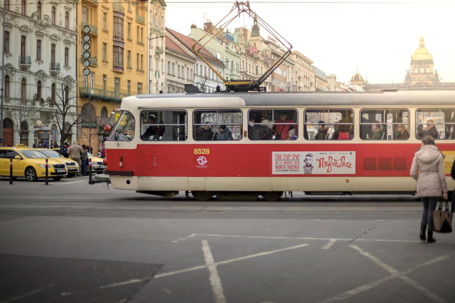 The vintage tram Tatra T3M goes on old town in Prague. on March 5, 2016 photo