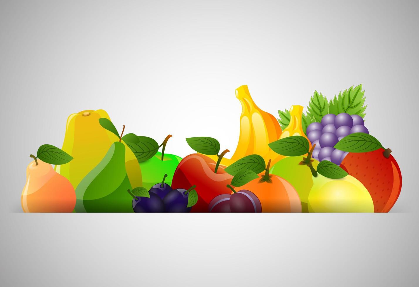 fondo horizontal con varias frutas coloridas sobre un fondo gris vector