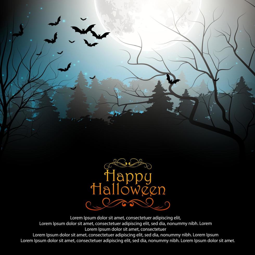 Halloween background with creepy forest with bats on full moon. Vector illustration