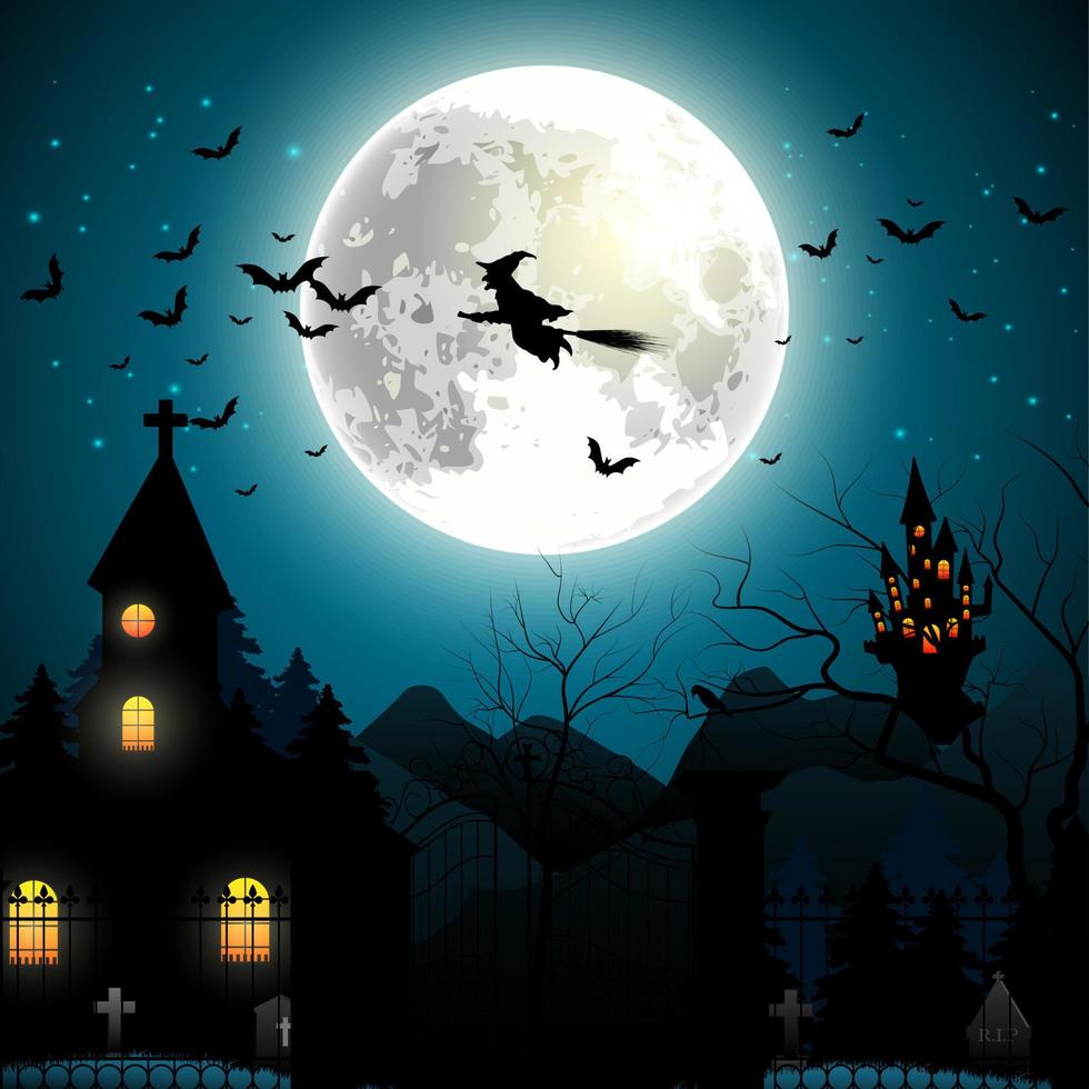 Halloween background with flying witch on the full moon. Vector illustration