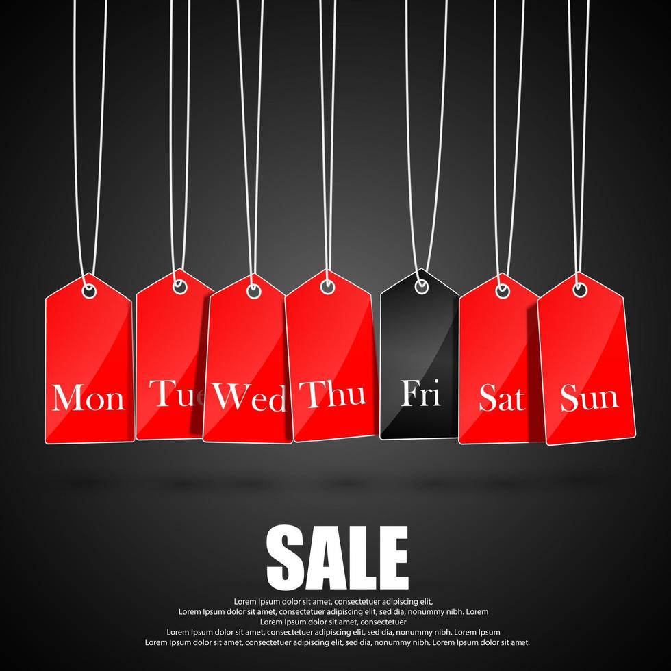 Days of the week symbols and black friday promotions on red hanging labels vector