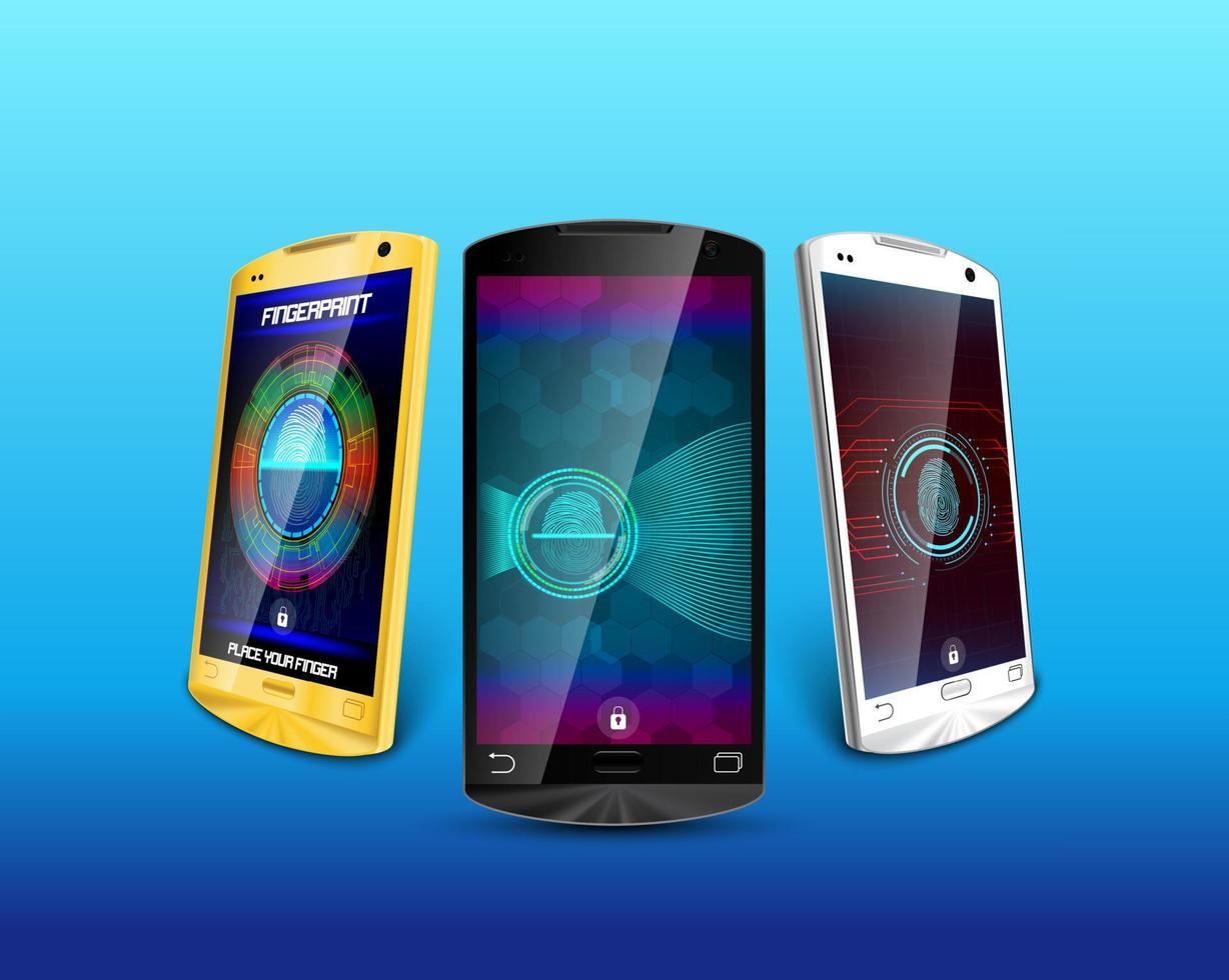 Smartphone with fingerprint scanner isolated blue background vector