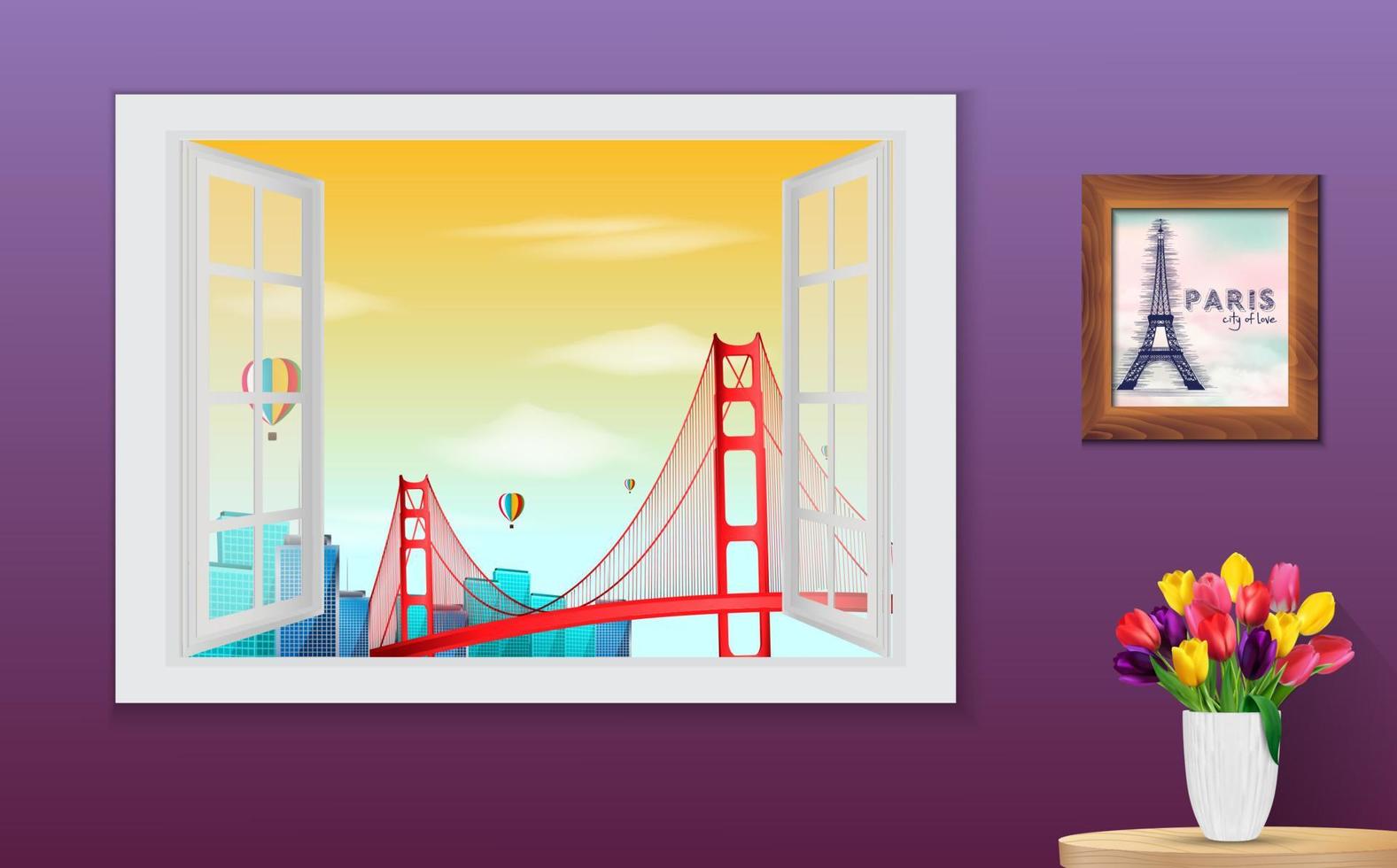 Opened wooden window and view on golden gate bridge vector