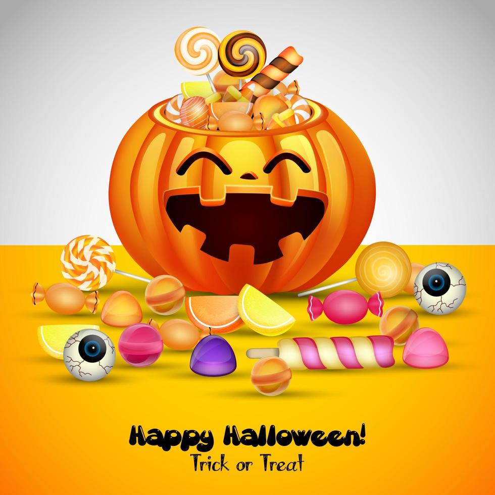 Halloween background with pumpkins basket and candies vector