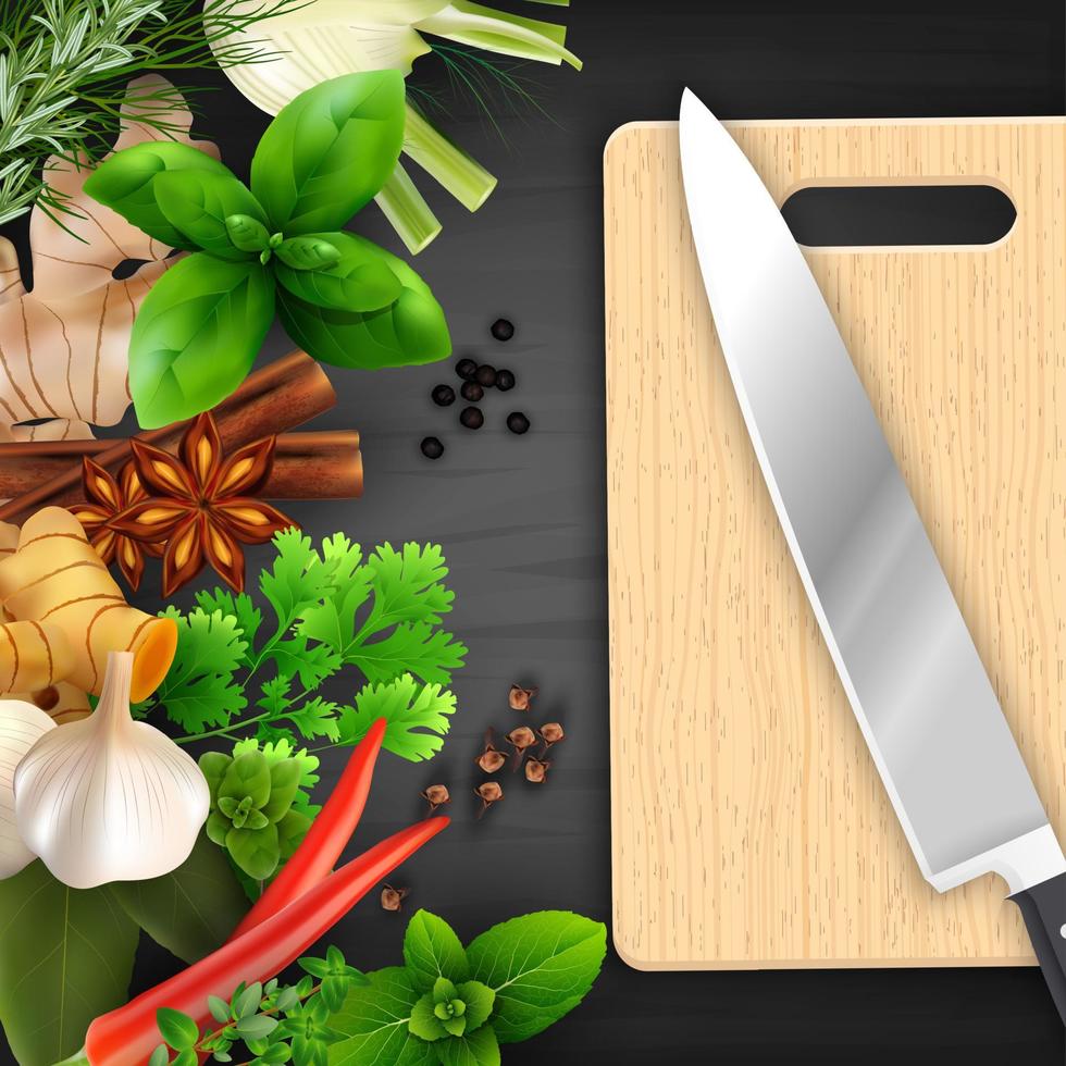 Spices and herbs with cutting board and knife .Vector illustration vector