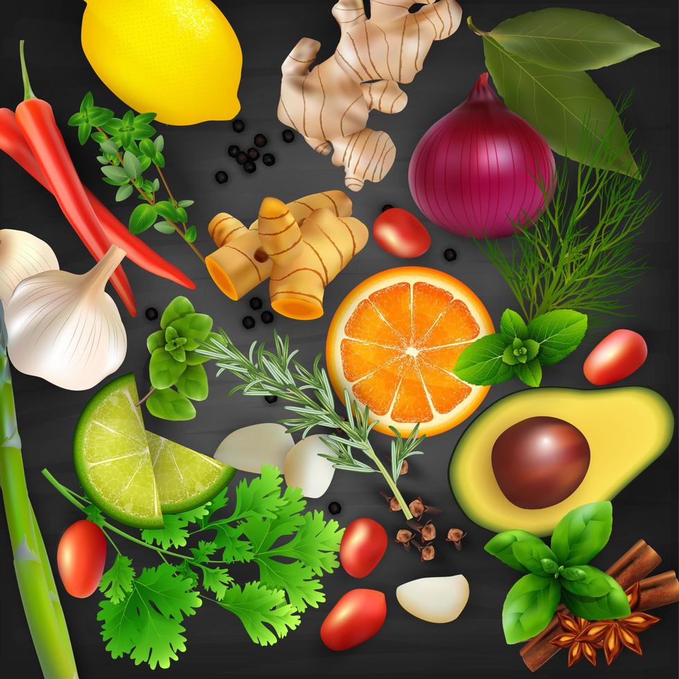 Spices, condiments and herbs with fruits on the blackboard chalk background vector