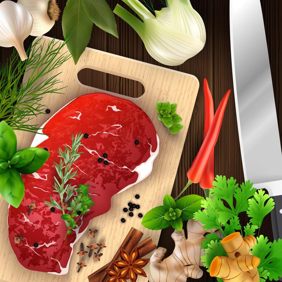 especias y hierbas y carne con tabla de cortar y cuchillo.ilustración vectorial vector