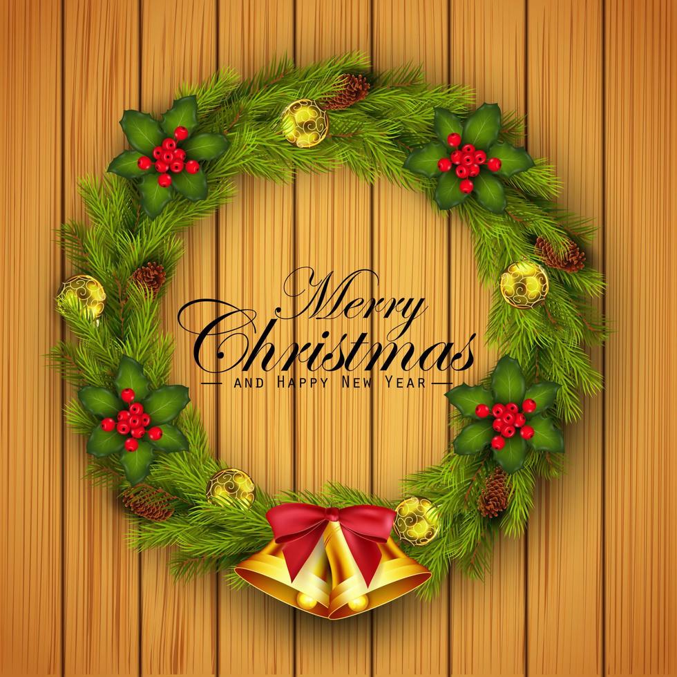 Vector illustration of Christmas wreath with gold balls decorations, flower and gold bells on wood texture background