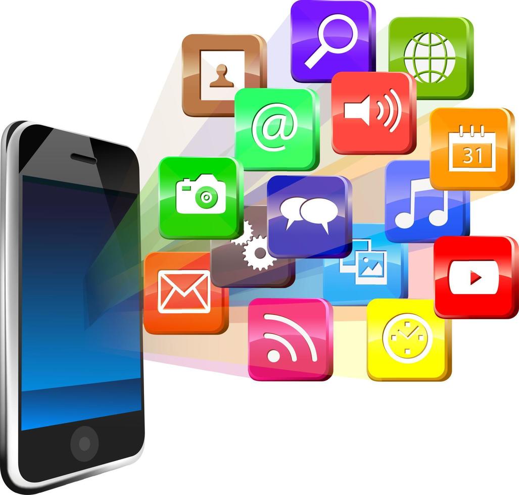 smartphone con pantalla táctil con una nube de coloridos iconos de aplicaciones vector