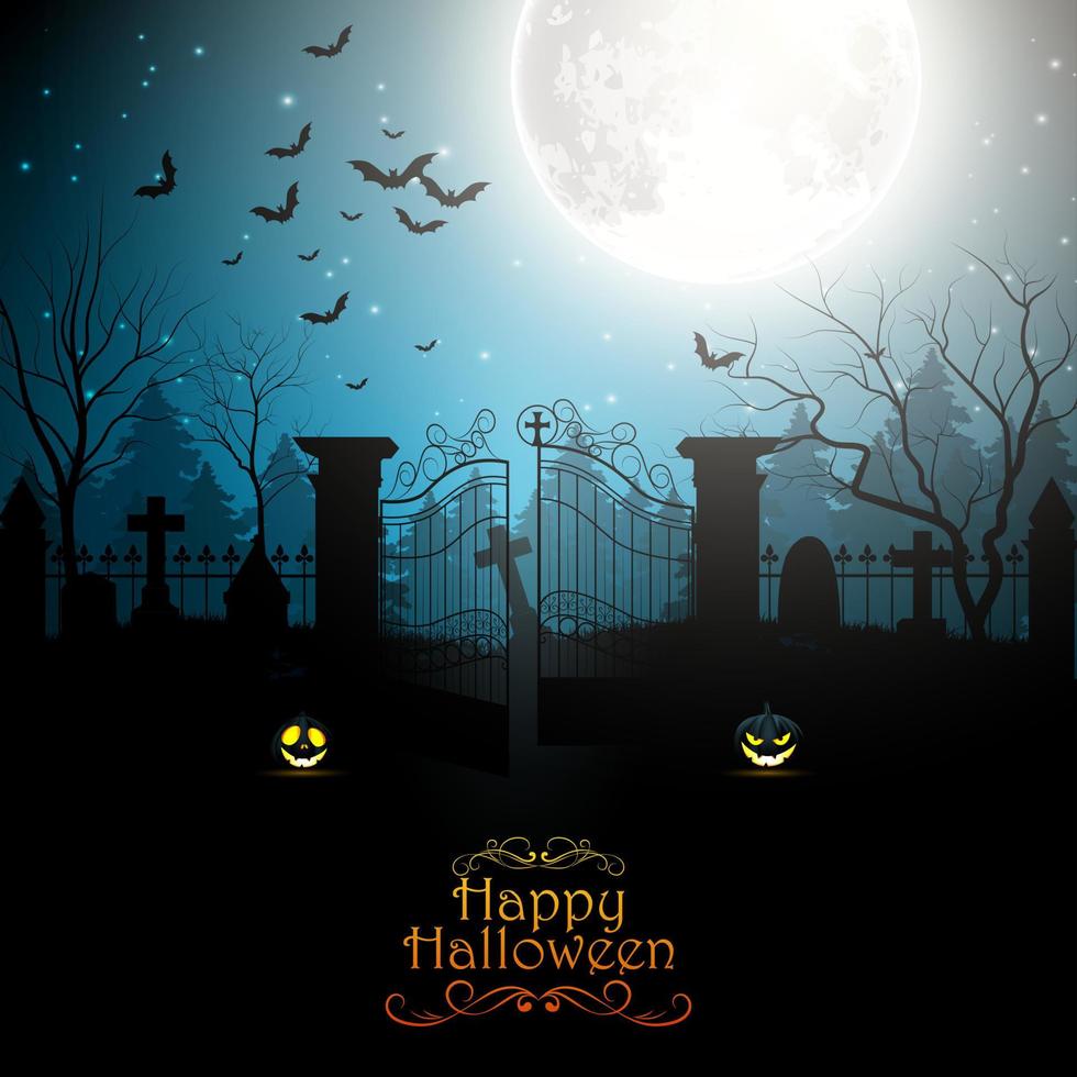 Halloween background with spooky graveyard. Vector illustration