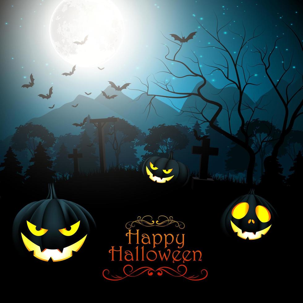 Halloween creepy forest at night with pumpkins on the full moon .Vector illustration vector