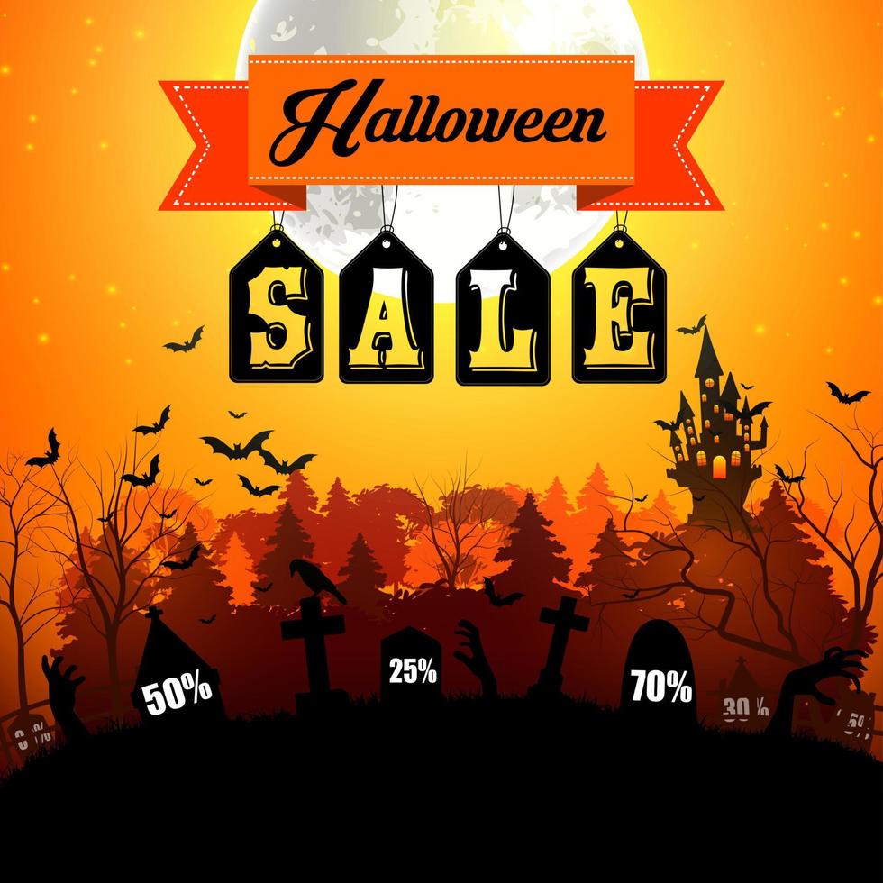 banner web de venta de halloween con cementerio terrible sobre fondo naranja vector