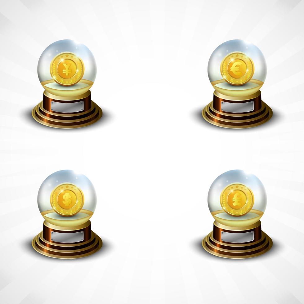 Set of glossy ball with golden badges some of currency signs.Vector illustration vector