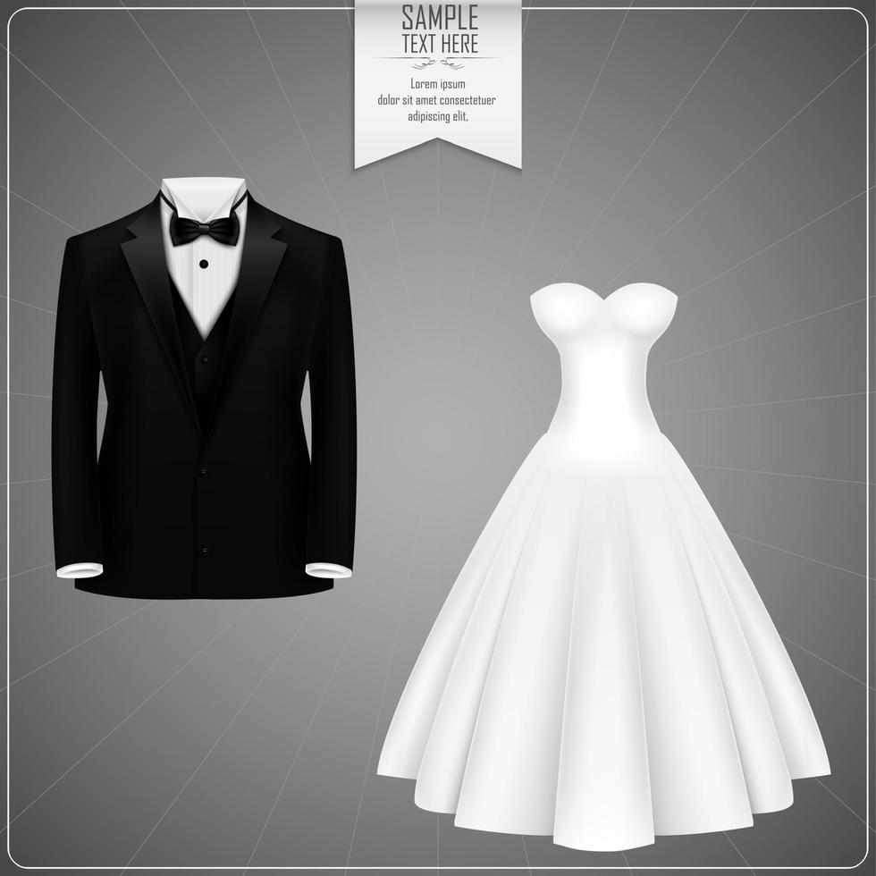 Black groom suits and white bridal gown vector