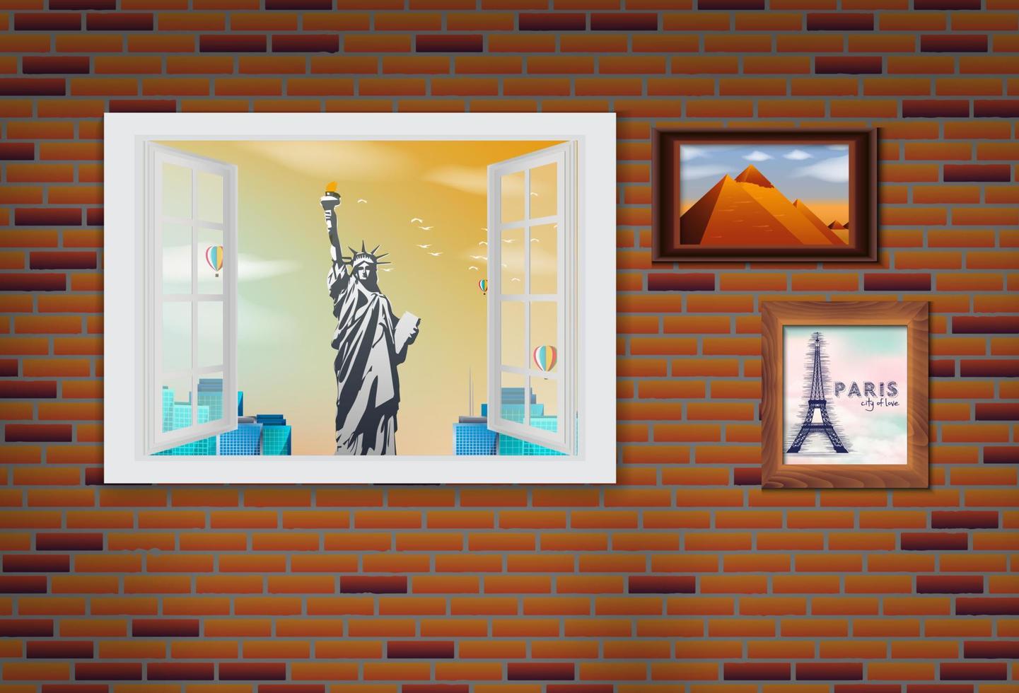 ventana de madera abierta y vistas a la estatua de la libertad vector