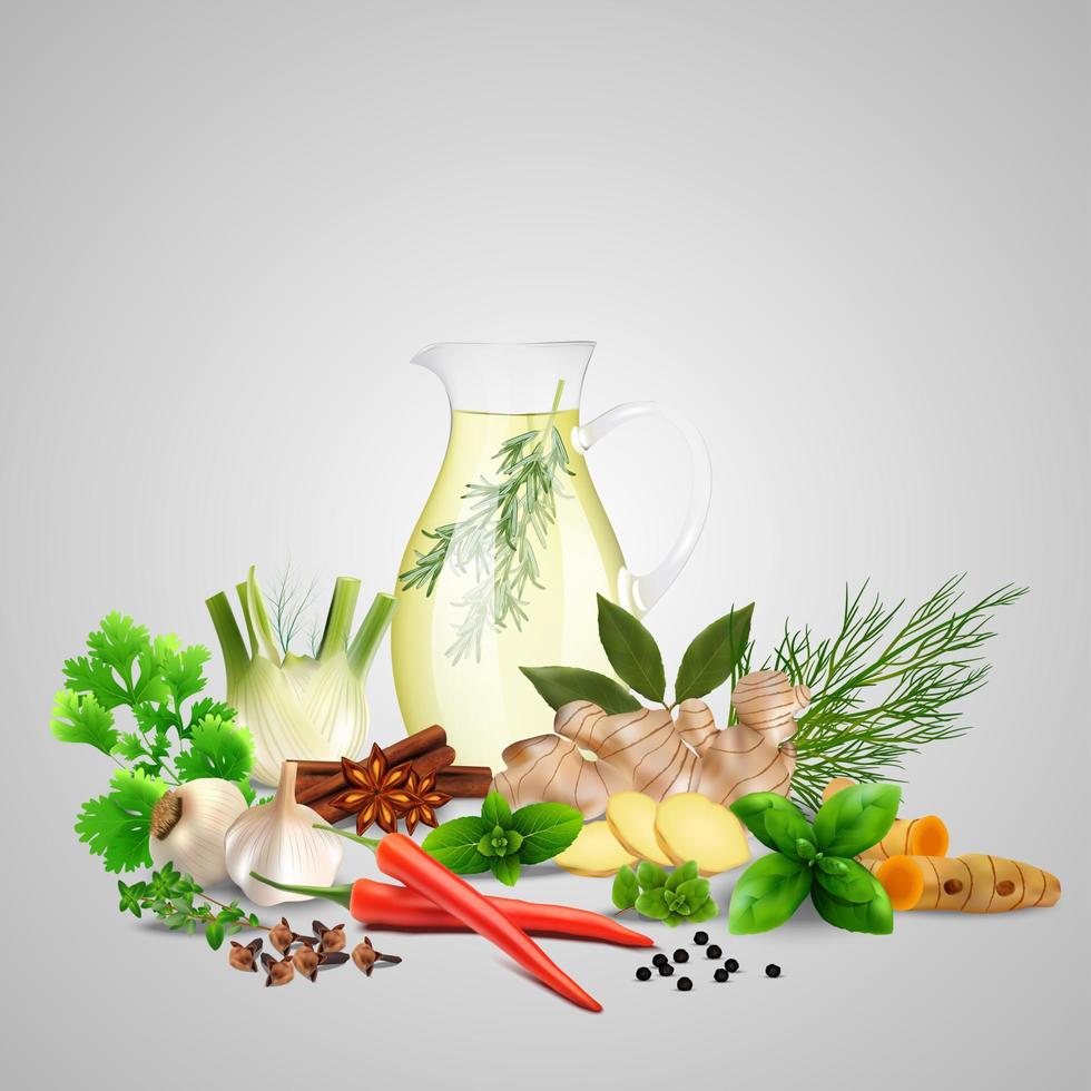 Spices and herbs with a glass bottle.Vector illustration vector