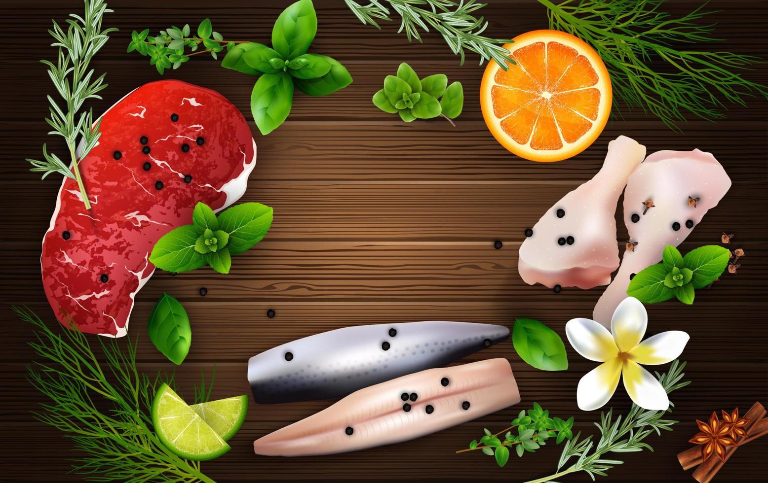 Spices and herbs with meat and chicken on the wooden background vector