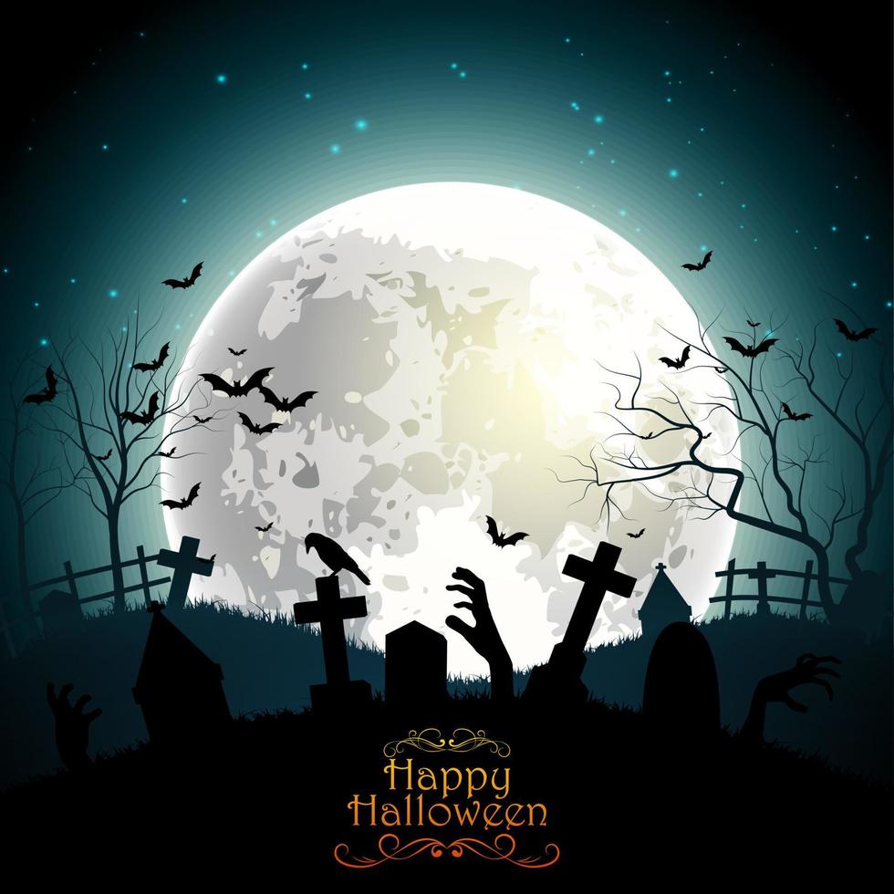 Halloween background with zombie hands on the full moon. Vector illustration