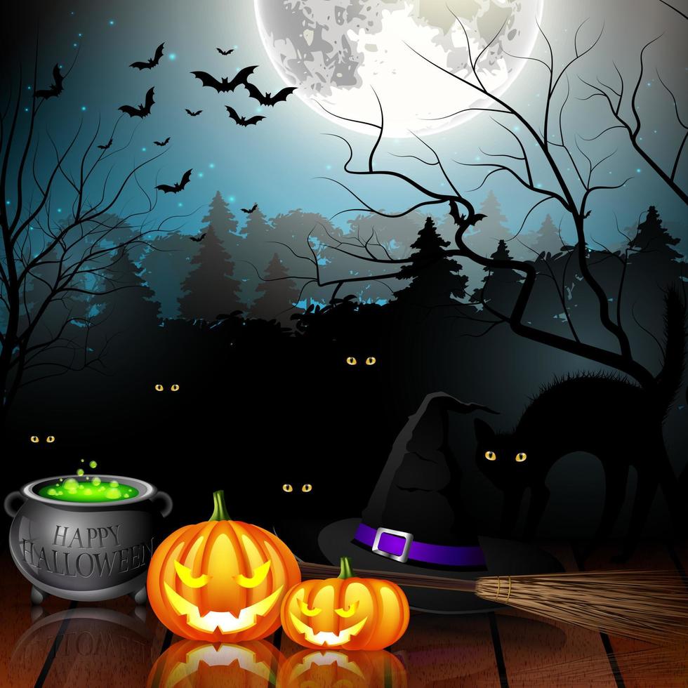 Halloween party background with pumpkins, hat, pot and broom in spooky forest .Vector illustration vector
