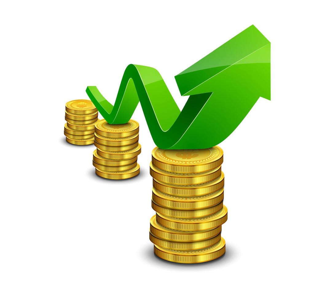 Pile of coin with green rising graph with upward arrow vector