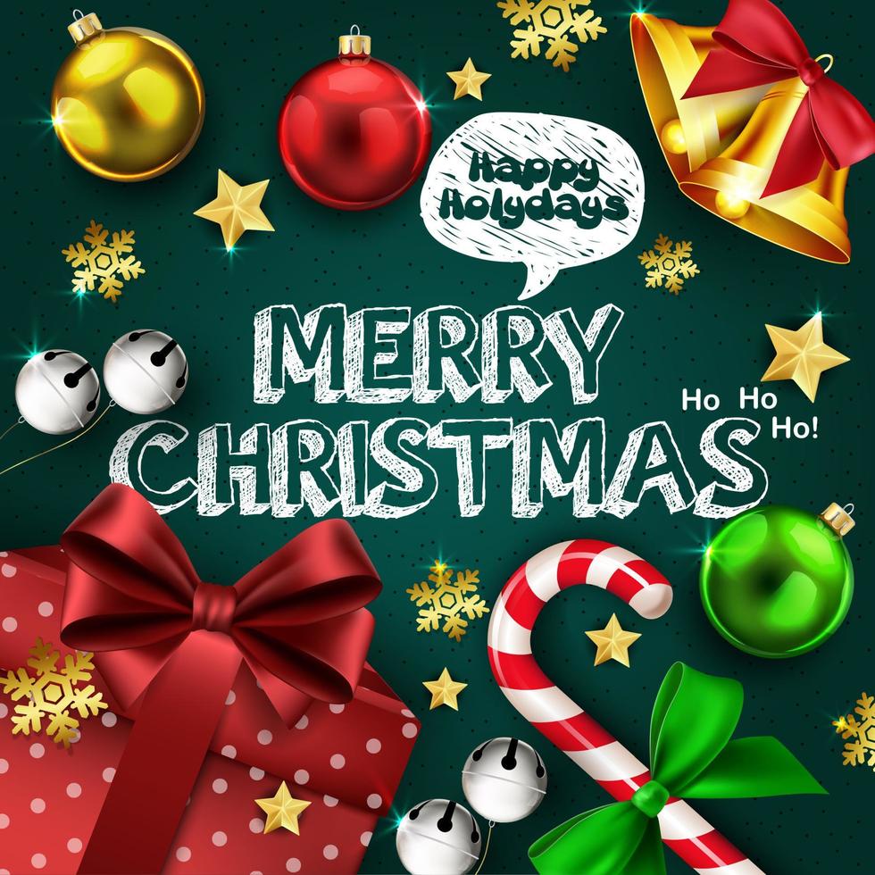 tarjeta de felicitación navideña con caja de regalo y bolas de colores vector