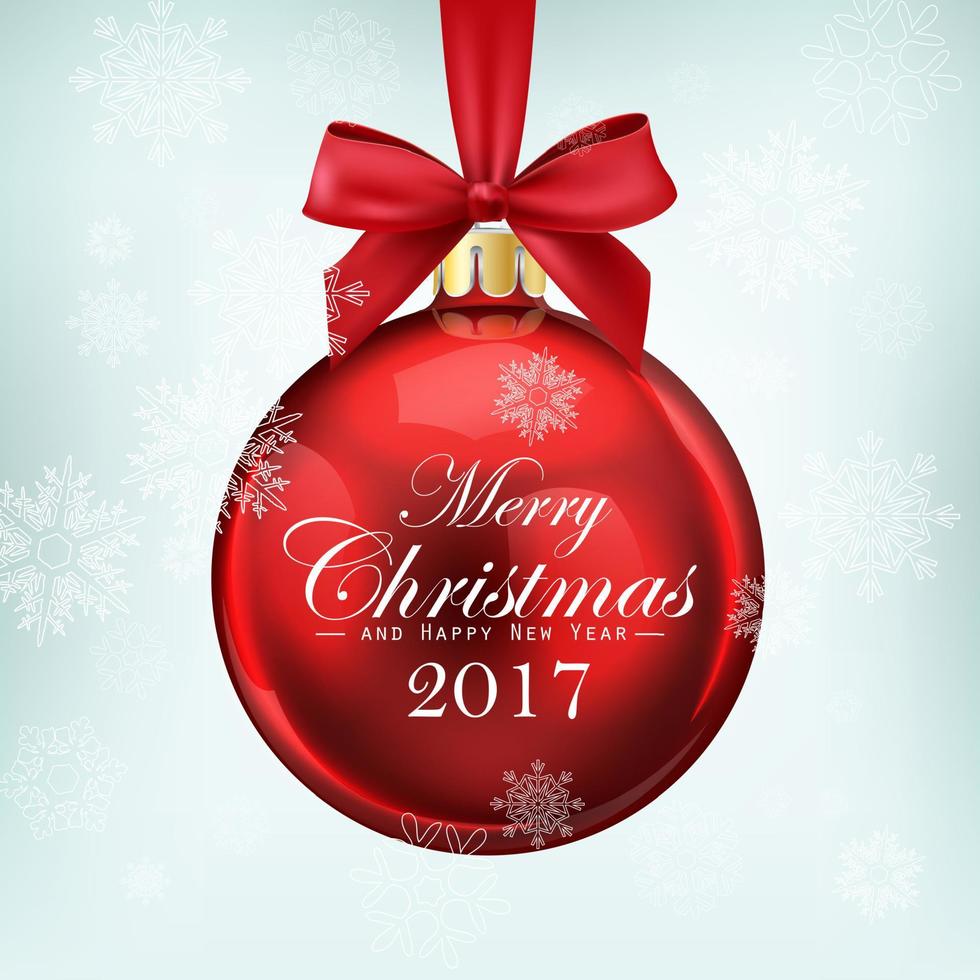 Red christmas ball with ribbon and a bow on blue background. Merry Christmas and Happy New Year 2017 vector