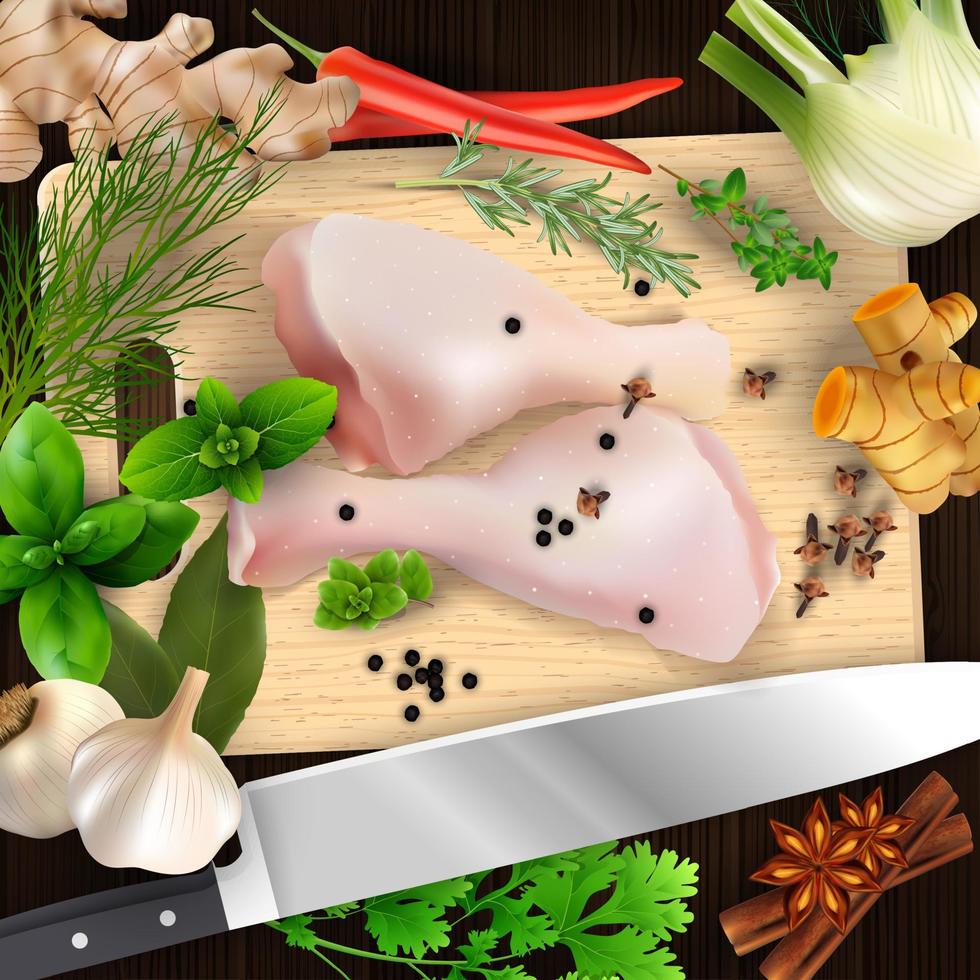 Spices and herbs and chicken meat with cutting board and knife vector