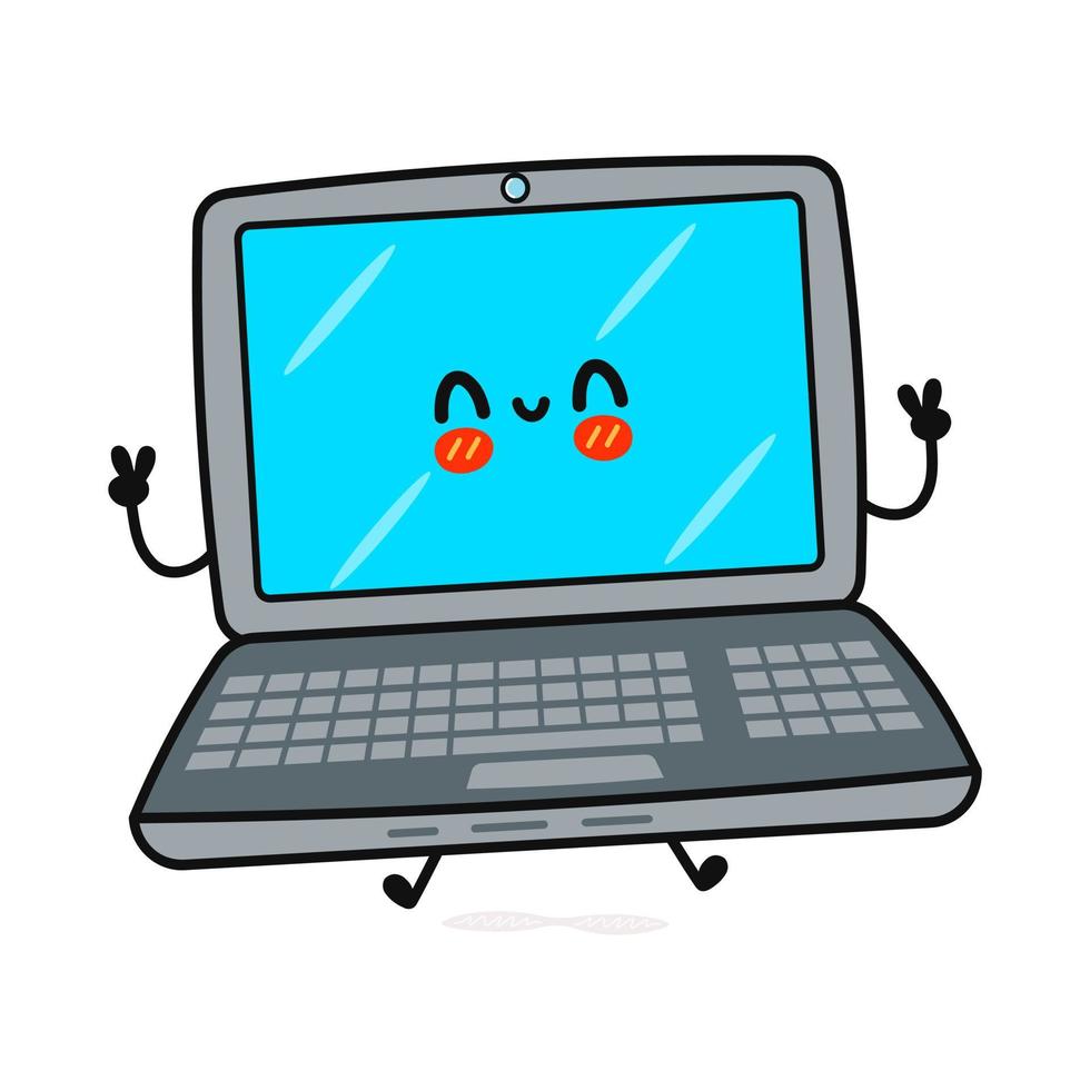 Cute funny laptop character. Vector hand drawn cartoon kawaii character illustration icon. Isolated on white background. Laptop character concept