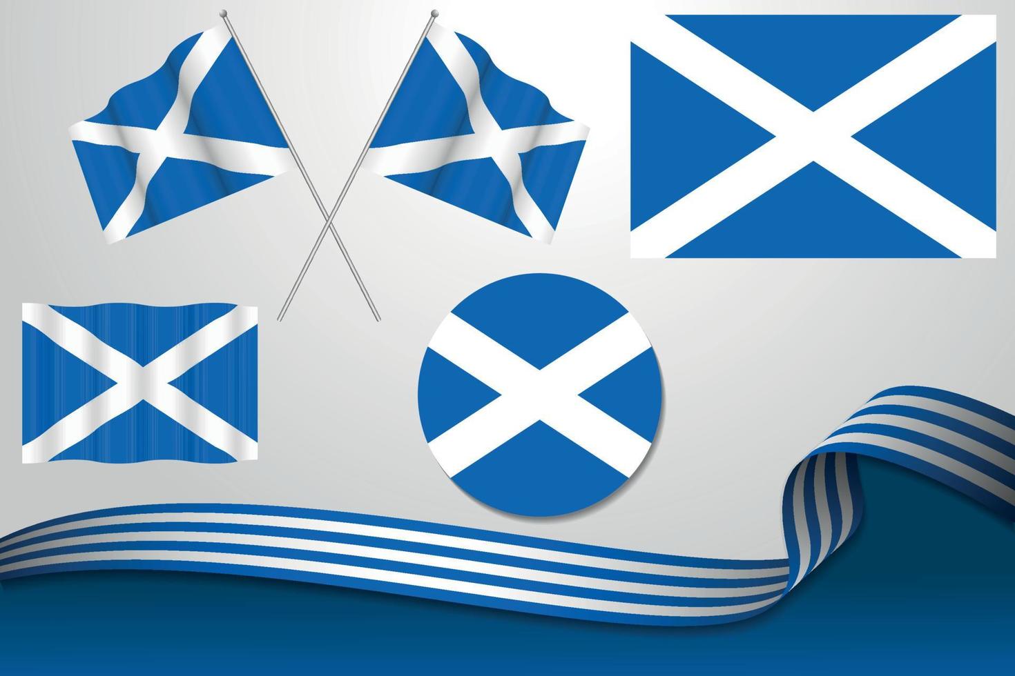 Set Of Scotland Flags In Different Designs, Icon, Flaying Flags With ribbon With Background. vector