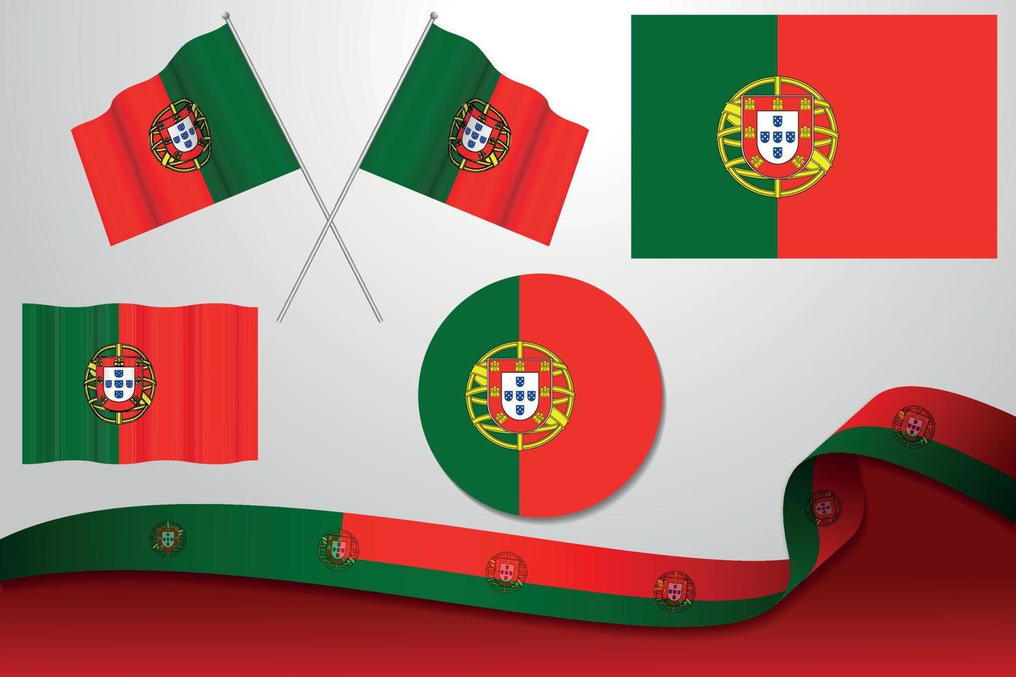 Set Of Portugal Flags In Different Designs, Icon, Flaying Flags With ribbon With Background. vector