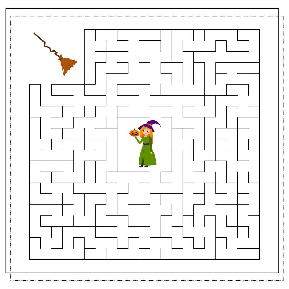 juego para niños atraviesa el laberinto, ayuda a la bruja a llegar a la escoba. bruja volando en una escoba vector