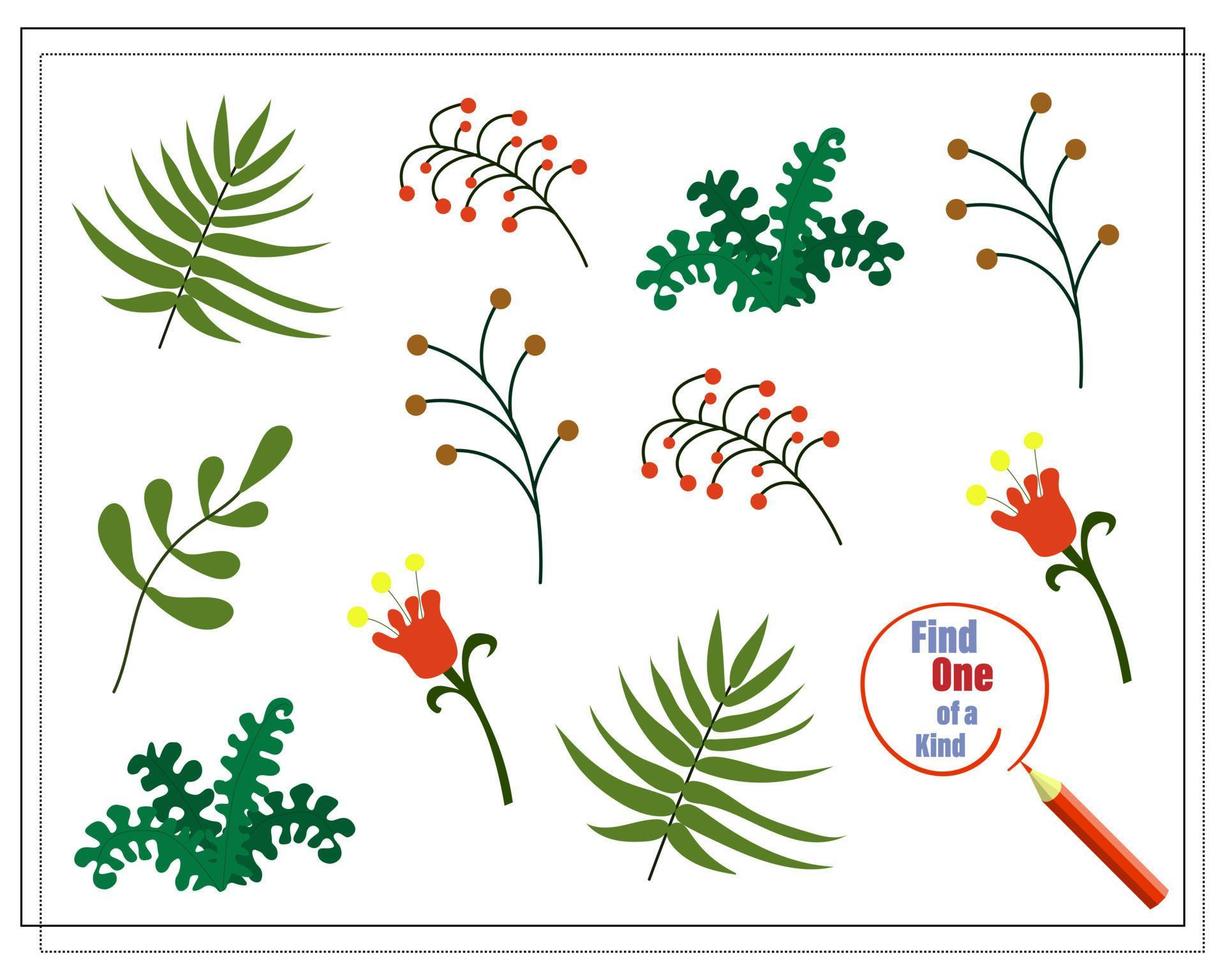 Children's logic game find the one of a kind. Twigs of plants. vector