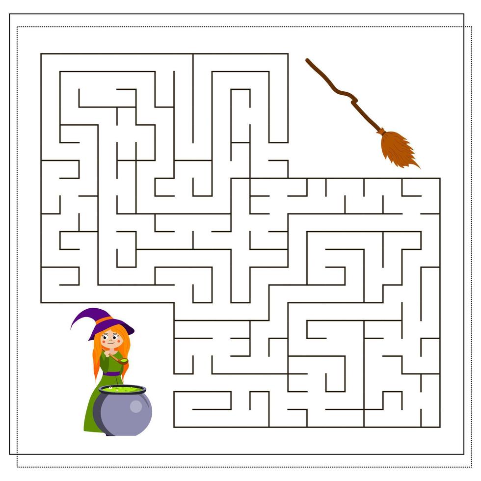 game for kids go through the maze, help the witch to get to the broom. a witch makes a potion vector