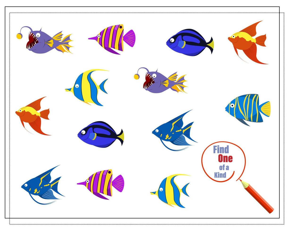 Cartoon illustration of the educational game Find a one of a kind picture. cartoon fish. vector