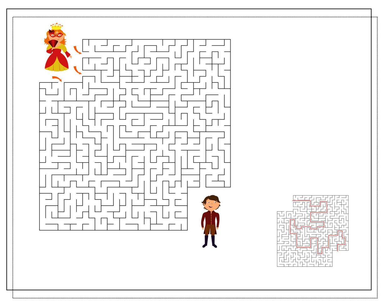 A puzzle game for kids, go through the maze. A boy and a girl in a carnival costume. vector