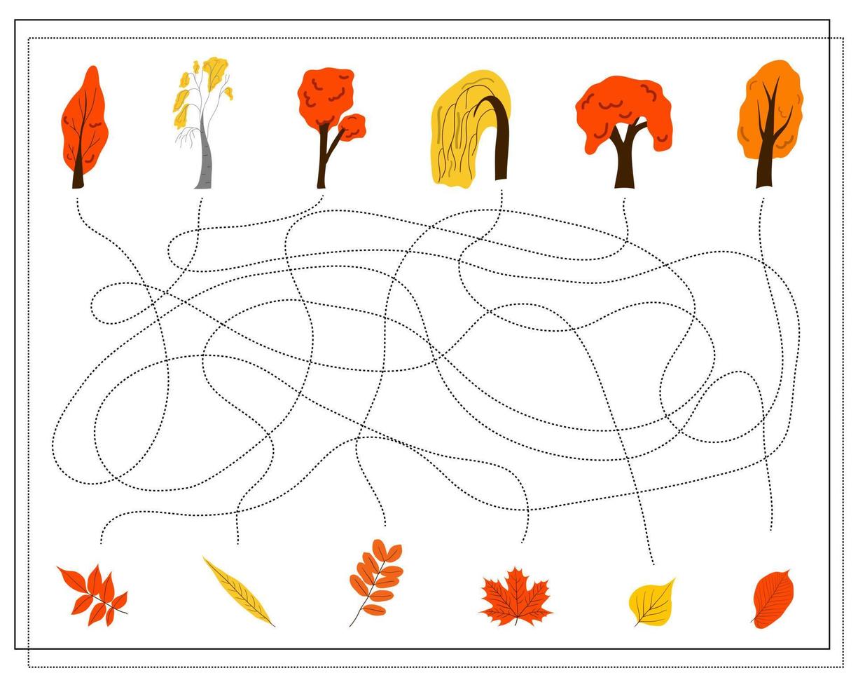 A puzzle game for children, a maze. Draw along the dotted line and connect the trees with the leaves. vector