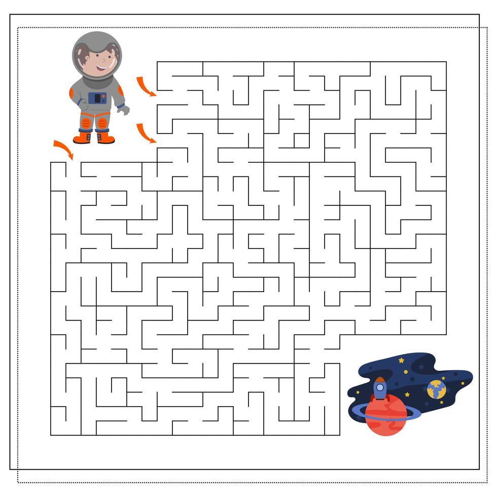 A puzzle game for children, go through a maze, an astronaut and a rocket vector